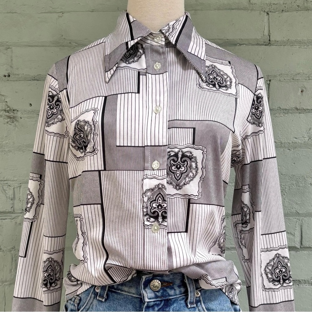 Vintage 70s Wide Collar Shirt - Button Down with Geometric Black and White Print
